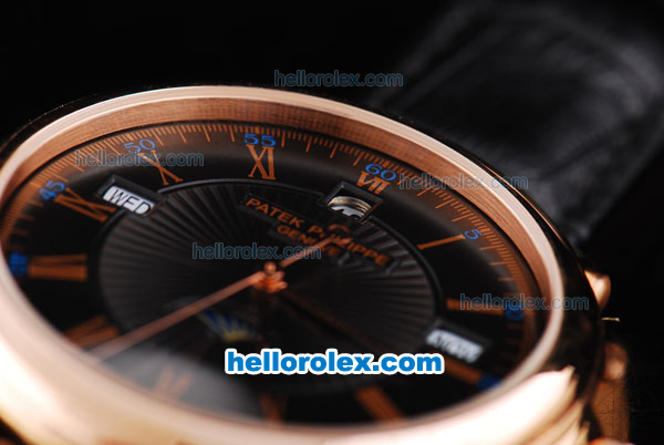 Patek Philippe Calatrava Automatic Movement Rose Gold Case with Black Dial-Rose Gold Roman Markers and Black Leather Strap - Click Image to Close